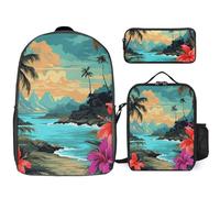 Zaino da 3 pezzi per donne e uomini, leggero, casual, borsa a tracolla, set con borsa termica per il pranzo e astuccio organizer Hello Hawaii