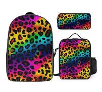 Zaino da 3 pezzi per donne e uomini, leggero, casual, borsa a tracolla, set con borsa termica per il pranzo e astuccio organizer con stampa leopardata arcobaleno