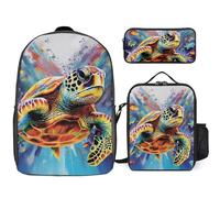 Zaino da 3 pezzi per donne e uomini, leggero, casual, borsa a tracolla, set con borsa termica per il pranzo e astuccio organizer colorato tartaruga marina