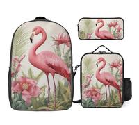 Zaino da 3 pezzi per donne e uomini, leggero, casual, borsa a tracolla, set con borsa termica per il pranzo e astuccio organizer con fenicottero e foglie
