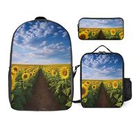 Zaino da 3 pezzi per donne e uomini, leggero, casual, borsa a tracolla, set con borsa termica per il pranzo e astuccio organizer campo di fioritura girasoli