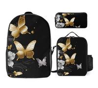 Zaino da 3 pezzi per donne e uomini, leggero, casual, borsa a tracolla, set con borsa termica per il pranzo e astuccio organizer per matite con farfalle bianche dorate e nere