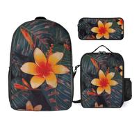 Zaino da 3 pezzi per donne e uomini, leggero, casual, borsa a tracolla, set con borsa termica per il pranzo e astuccio organizer Hawaii fiori tropicali
