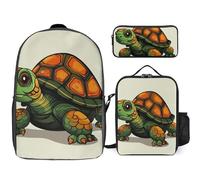Zaino da 3 pezzi per donne e uomini, leggero, casual, borsa a tracolla, set con borsa termica per il pranzo e astuccio organizer con illustrazione di tartaruga in stile cartone animato