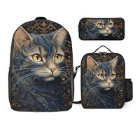 Zaino da 3 pezzi per donne e uomini, leggero, casual, borsa a tracolla, set con borsa termica per il pranzo e astuccio organizer con disegno di un gatto