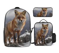 Zaino da 3 pezzi per donne e uomini, leggero, casual, borsa a tracolla, set con borsa termica per il pranzo e astuccio organizer volpe su montagna innevata