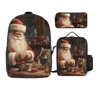 Zaino da 3 pezzi per donne e uomini, leggero, casual, borsa a tracolla, set con borsa termica per il pranzo e astuccio, organizer per Natale, Babbo Natale, albero da cucito, gatto