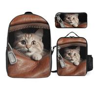 Zaino da 3 pezzi per donne e uomini, leggero, casual, borsa a tracolla, set con borsa termica per il pranzo e astuccio organizer con gatto che sbircia fuori