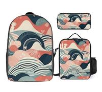 Zaino da 3 pezzi per donne e uomini, leggero, casual, borsa a tracolla, set con borsa termica per il pranzo e astuccio organizer con disegno astratto