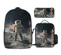 Zaino da 3 pezzi per donne e uomini, leggero, casual, borsa a tracolla, set con borsa termica per il pranzo e astuccio, organizzatori astronauta che atterrano sulla luna