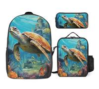 Zaino da 3 pezzi per donne e uomini, leggero, casual, borsa a tracolla, set con borsa termica per il pranzo e astuccio, organizer con delfini, tartaruga marina, barriera corallina