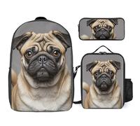 Zaino da 3 pezzi per donne e uomini, leggero, casual, borsa a tracolla, set con borsa termica per il pranzo e astuccio organizer con animale carlino