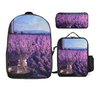 Zaino da 3 pezzi per donne e uomini, leggero, casual, borsa a tracolla, set con borsa termica per il pranzo e astuccio organizer romantico lavanda