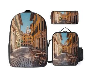 Zaino da 3 pezzi per donne e uomini, leggero, casual, borsa a tracolla, set con borsa termica per il pranzo e astuccio organizer Old Courtyard Cafe Chair City, Roma, Italia