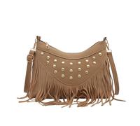 Zaino da donna alla moda, borsa a tracolla retrò con frange e borchie per l'uso quotidiano, cachi, 26cmX6.5cmX19cm