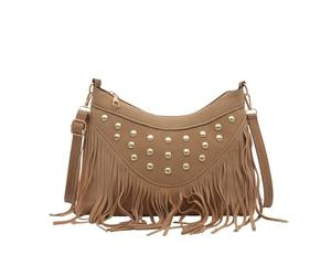 Zaino da donna alla moda, borsa a tracolla retrò con frange e borchie per l'uso quotidiano, cachi, 26cmX6.5cmX19cm