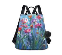 Zaino da donna con motivo cartone animato, antifurto, con cerniera, tasca da viaggio, Fiori Impressionisti Blu