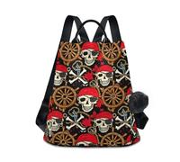 Zaino da donna con scheletri pirati nautici rossi e neri alla moda, design antifurto, stampa alla moda, multi tasca, portachiavi regalo 17L