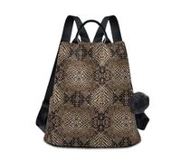 Zaino da donna con texture pelle di serpente, colore marrone e nero, alla moda, con cerniera posteriore, multi tasca e manico in pelle, 17 l