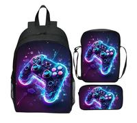 Zaino da Gioco Set per Ragazzi 6-14, Borsa per la Scuola In 3 Pezzi Impermeabile con Box da Pranzo e Custodia a Matita, Grande Capacità Leggera A