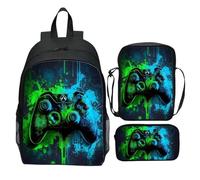 Zaino da Gioco Set per Ragazzi 6-14, Borsa per la Scuola In 3 Pezzi Impermeabile con Box da Pranzo e Custodia a Matita, Grande Capacità Leggera J