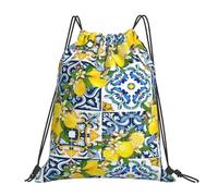 Zaino da Palestra Bright Mediterranean Sicilian Tiles with Citrus Lemons Moda Borsa Coulisse Resistente Sacca da Palestra per Spiaggia Donna Calcio 39X46Cm
