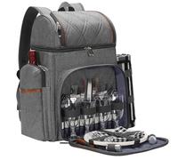 Zaino da picnic per 4 persone con scomparto termico a tenuta stagna, porta vino, coperta da picnic, piatti e set di posate per spiaggia, campeggio, feste, regali (grigio nuovo)