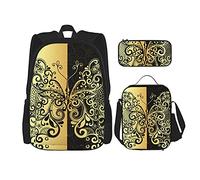 Zaino da scuola in tre pezzi vintage Mandala Butterfly per ragazze e adolescenti (combinazione di borsa per la scuola + astuccio + borsa per il pranzo)