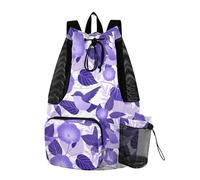 Zaino da spiaggia con coulisse borsa da campeggio con porta bottiglia d'acqua borsa a corda impermeabile cartone animato viola mattina gloria fiori uccelli