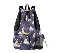 Zaino da spiaggia con coulisse, borsa da campeggio estiva con porta bottiglia d'acqua, con cordino, separazione bagnata e asciutta, nuvole viola, conigli, luna
