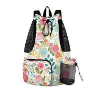 Zaino da spiaggia con coulisse, borsa da palestra con porta bottiglia d'acqua, borsa posteriore a corda, separazione bagnata, primavera, fiori colorati