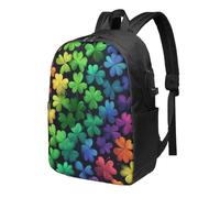 Zaino da viaggio con quadrifoglio arcobaleno e quadrifoglio da 17 pollici, impermeabile, con porta di ricarica USB, borsa per libri universitari, scuola, lavoro, per donne e uomini
