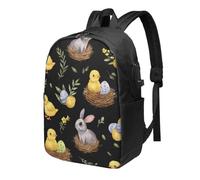 Zaino da viaggio pasquale con uova di coniglio e pulcino da 43,2 cm, resistente all'acqua, con porta di ricarica USB, borsa per libri universitari, scuola, lavoro, per donne e uomini