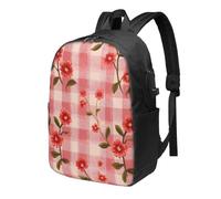 Zaino da viaggio per computer portatile a scacchi con fiori rossi da 17 pollici, resistente all'acqua, con porta di ricarica USB, borsa per libri universitari, scuola, lavoro, per donne e uomini