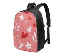 Zaino da viaggio per computer portatile con cuore e fiore, per San Valentino, 43,2 cm, impermeabile, con porta di ricarica USB, borsa per libri universitari, scuola, lavoro, per donne e uomini