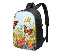 Zaino da viaggio per computer portatile, motivo fiori selvatici e farfalle, 43,2 cm, impermeabile, con porta di ricarica USB, borsa per libri universitari, scuola, lavoro, per donne e uomini