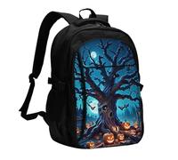 Zaino da viaggio per donna e uomo, zaino leggero e casual per laptop con USB per lavoro, regalo aziendale, stampa albero morto della notte di Halloween
