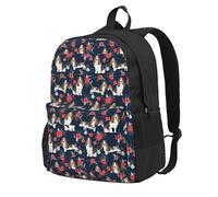 Zaino da viaggio per la scuola, per uomo e donna, con motivo floreale Basset Hound, blu navy e papavero, con scomparto per laptop da 15 pollici