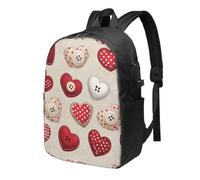 Zaino da viaggio per San Valentino con cuore e griglia da 17 pollici, resistente all'acqua, con porta di ricarica USB, per università, scuola, lavoro, per donne e uomini