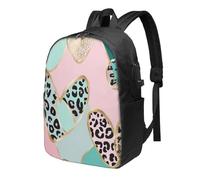 Zaino da viaggio per San Valentino con cuore leopardato, zaino da viaggio da 17 pollici, impermeabile, con porta di ricarica USB, borsa per libri universitari, scuola, lavoro, per donne e uomini