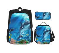 Zaino da viaggio personalizzato con delfino oceano mare con borsa per il pranzo astuccio set di 3 pezzi, Nero , Taglia unica, Zaini Daypack