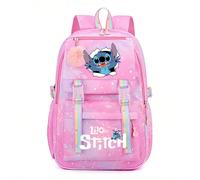 Zaino da viaggio Stitch & Angel - Nylon rosa, cerniera con contrasto di colore alla moda, ideale per il ritorno a scuola e gli elementi essenziali per i viaggi, borsa regalo, zaino scolastico | Design