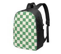 Zaino da viaggio vintage per computer portatile a scacchi verde e bianco da 17 pollici, resistente all'acqua, con porta di ricarica USB, borsa per libri universitari, borsa da lavoro per donne e