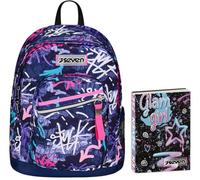 Zaino Doppio Scomparto Seven New Fit, GraffitiMix, Viola, Maxi Capienza, Schienale Preformato, Scuola e Viaggio + Seven Diario 12 Mesi, Nero, Ragazza