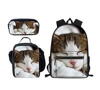 Zaino e borsa per il pranzo con astuccio per matite Set leggero casual grande capacità nero durevole elegante zaino da viaggio per pollo, Gatto del sonno, One Size