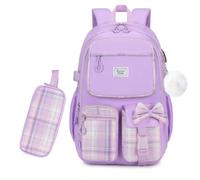 Zaino Elementare Bambina Media Ragazza per Scuola da Viaggio Weekend, Viola | 2pcs Cartella Elementari Bambina e Media Ragazza con Astuccio, Zaini Bambine Elegante con Fiocco a Contrasto, Ergonomico