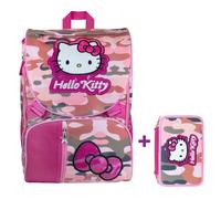 Zaino Estensibile Hello Kitty Camouflage Rosa con Patch Peluche + Astuccio 3 Zip