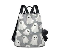 Zaino grigio con fantasmi bianchi, alla moda con apertura posteriore antifurto, tasche multiple per viaggi e uso quotidiano