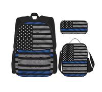 Zaino impermeabile leggero con bandiera a scacchi (set da 3 pezzi) con borsa per il pranzo, astuccio per ufficio e scuola, Bandiera americana sottile blu., Taglia unica