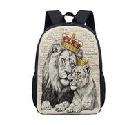 Zaino in bianco e nero con disegno realistico di leone e leonessa, ritratto di corona, 43 cm, stampa reale, per ragazzi e studenti, 06, L, Minimalista